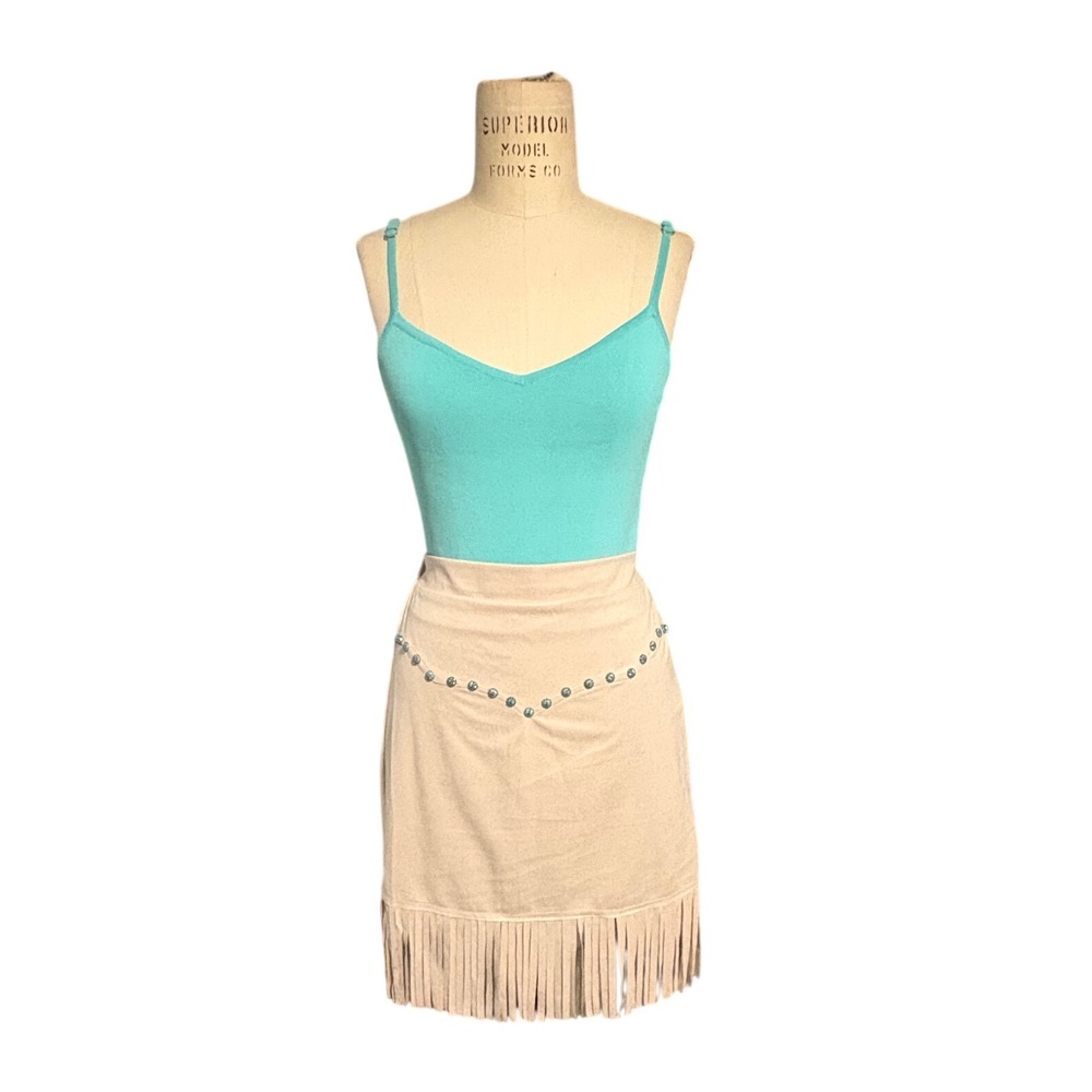 Fashion Express Womens Tan Faux Suede Fringe Studded Western Mini Skirt Medium